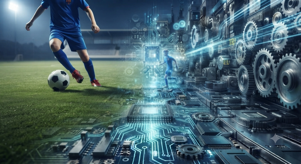 Fusión conceptual de futbolista en campo de juego y circuito industrial con engranajes, simbolizando la conexión talento humano-tecnología